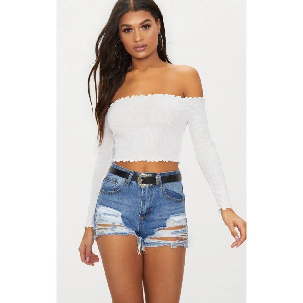 Pretty Little Thing White Long Sleeve Off Shoulder Ribbed Lettuce Hem Crop Top - Picture 2 of 10